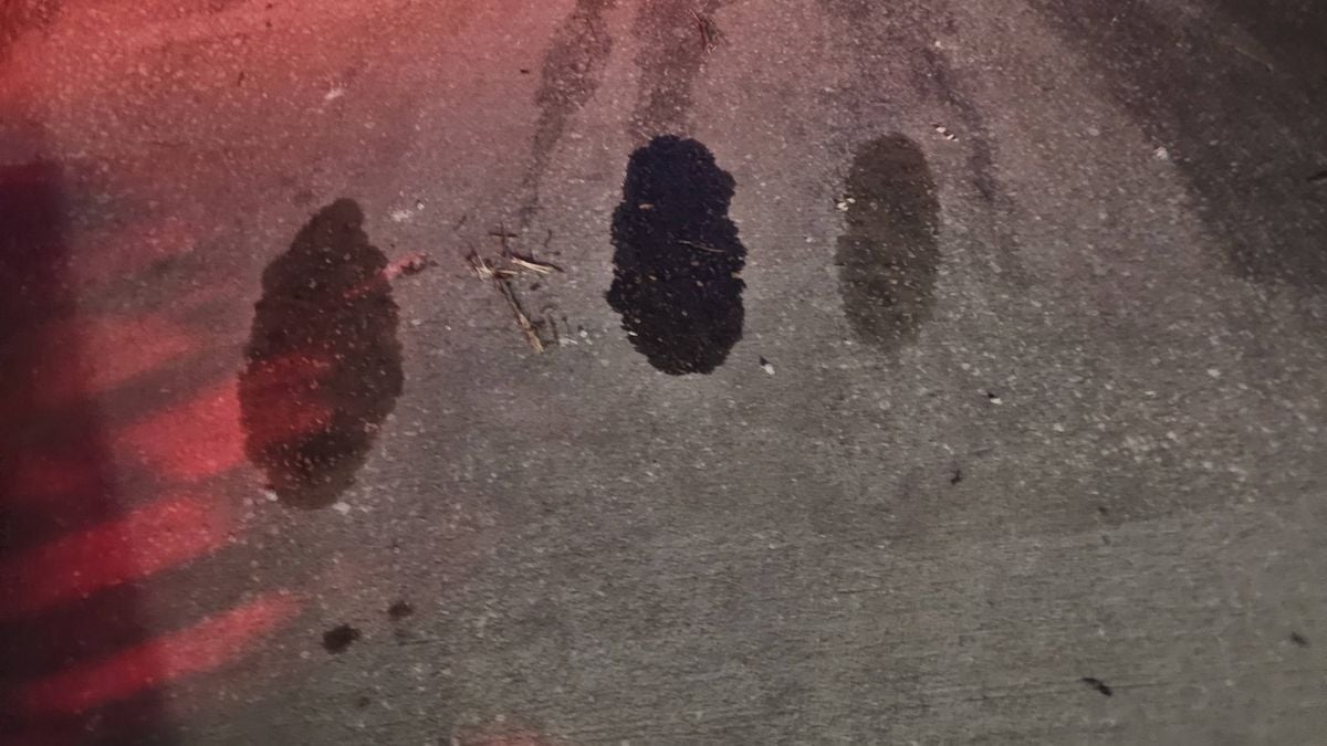 Brad's driveway showing dark spots and red streaks against a gray concrete or asphalt surface, dispalying oil spilled from his car.