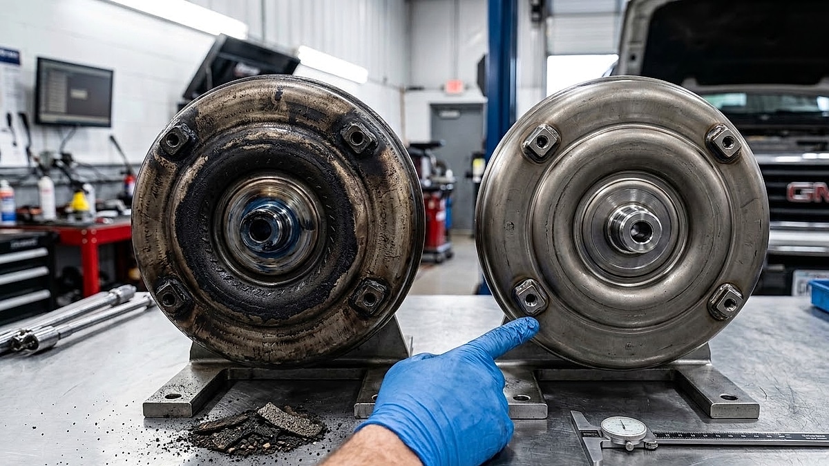 Burnt vs. healthy torque converter comparison - Diagnosing GM 8L90 transmission shudder failure on a shop workbench