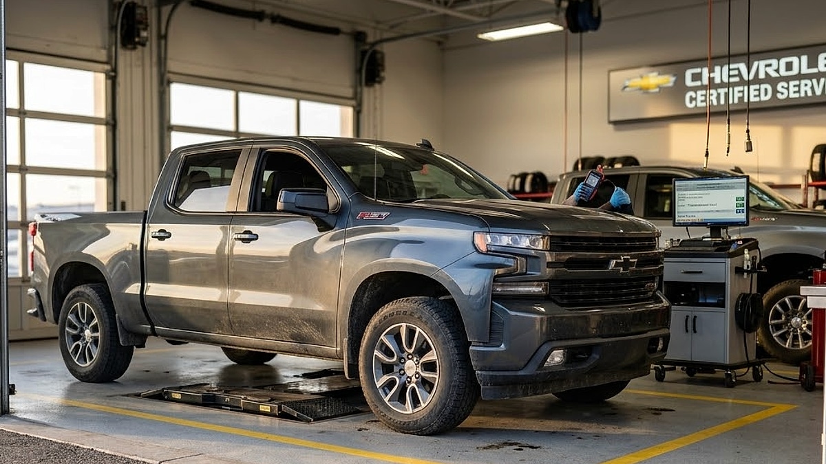 Chevrolet Silverado 1500 undergoing diagnostic transmission service at a Chevrolet Certified Service center bay with professional tools