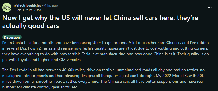A user discusses their experience with Chinese electric vehicles in Costa Rica, contrasting their quality with Tesla's manufacturing issues.