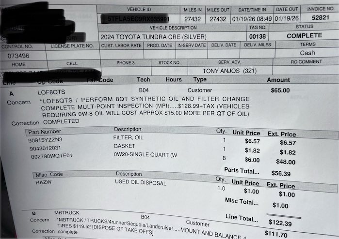 Damian Roman's 2024 Toyota Tundra invoice