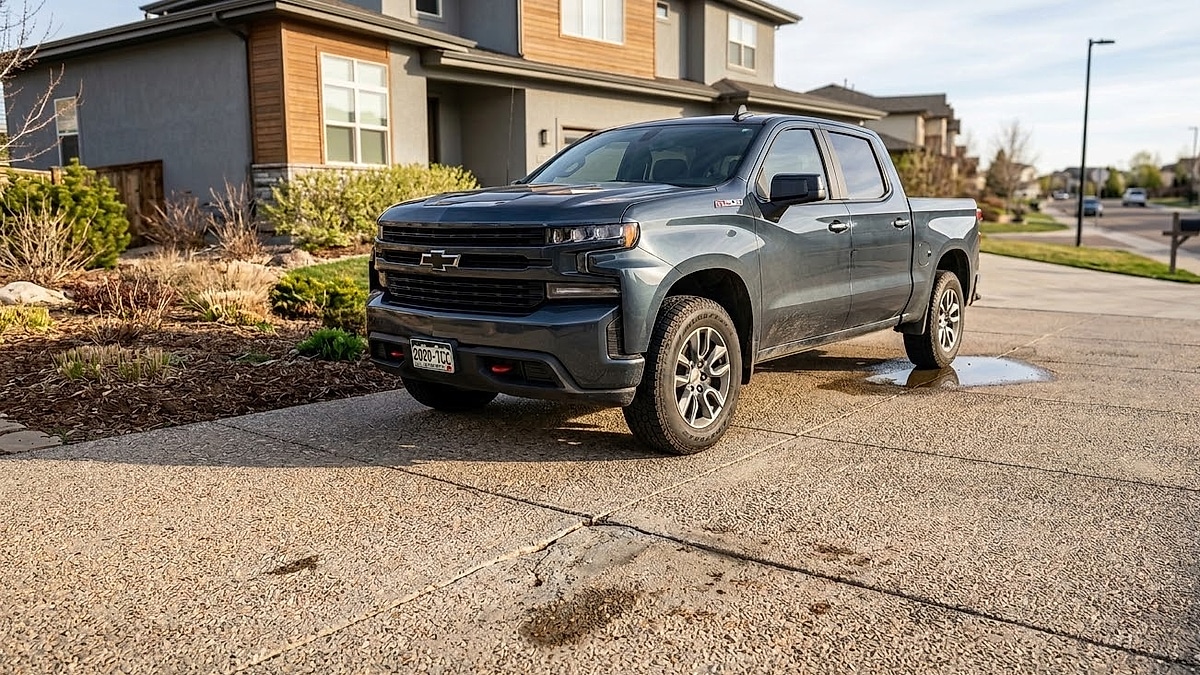 Dark grey Chevrolet Silverado Trail Boss truck parked on a concrete driveway in front of a modern home