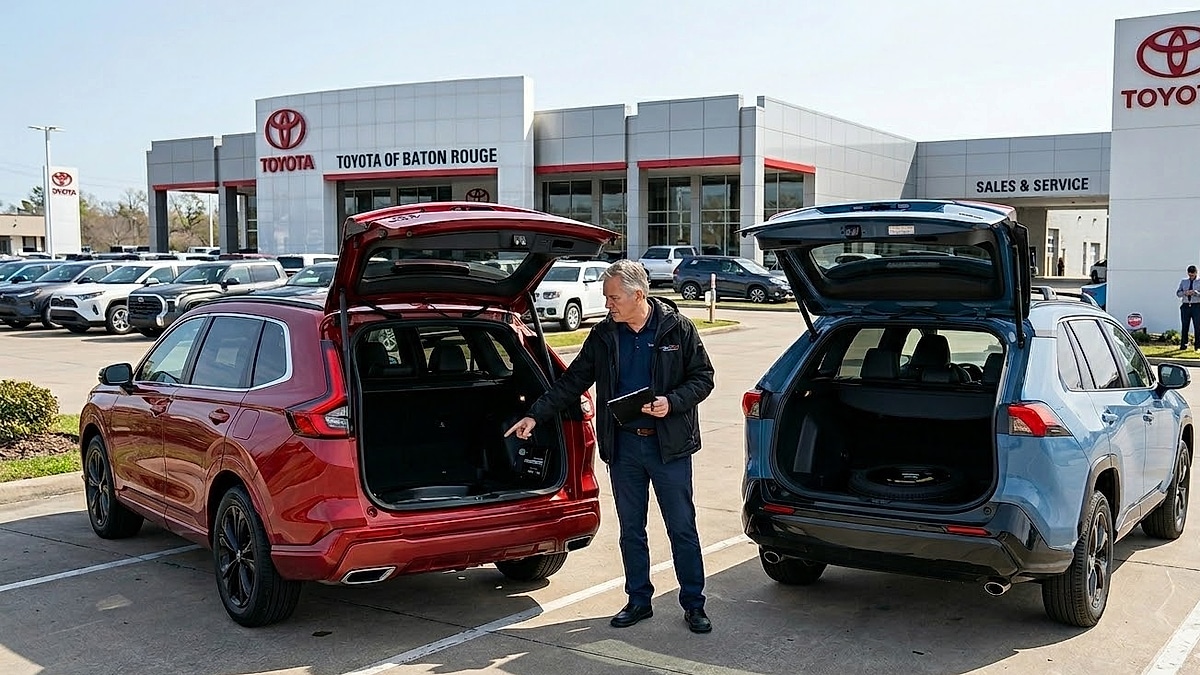 Denis Flierl highlights the 2026 Toyota RAV4 Hybrid's stored spare tire, contrasting it with the 2026 Honda CR-V’s empty cargo area