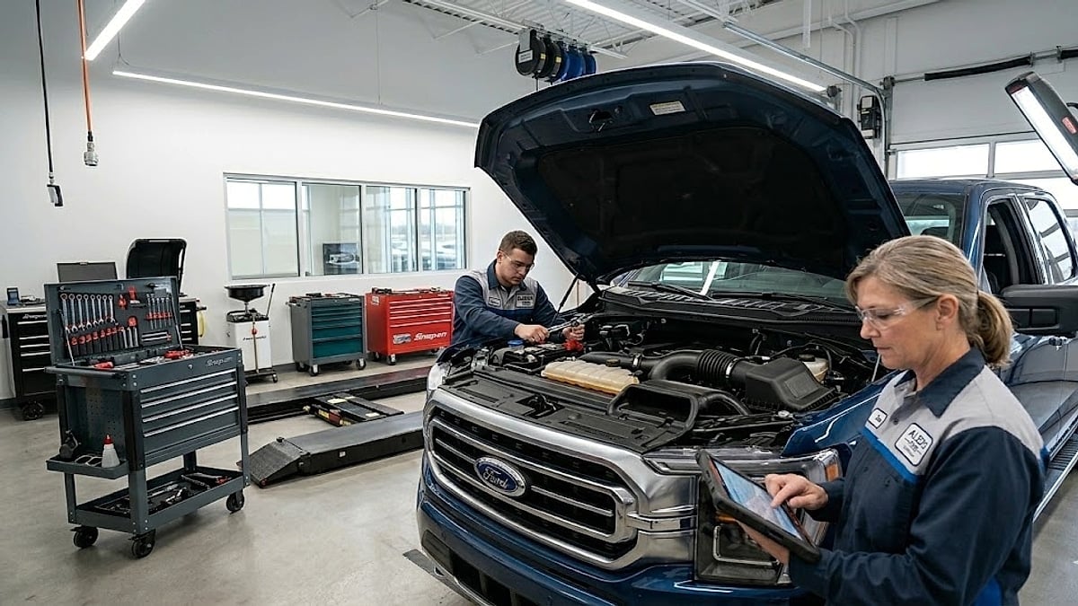 Denis Flierl's investigation in a Ford service bay - technicians diagnostic work, EcoBoost engine exposed, and $9,000+ repair cost data