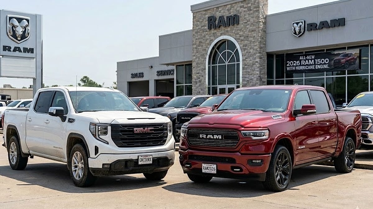 Denis Flierl's investigation into 3.0L Duramax reliability. Photo shows a white GMC  next to a 2026 Ram at a dealer
