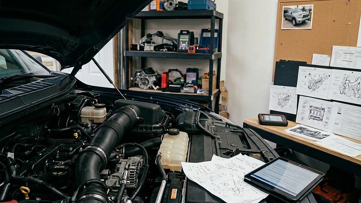 Detailed F-150 truck engine diagnostics and repair using schematics and a diagnostic tablet in a home garage