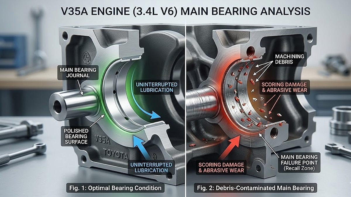 Detailed technical diagram comparing a factory-spec V35A main bearing against machining debris damage causing the 2023-2024 Toyota Tundra engine recall