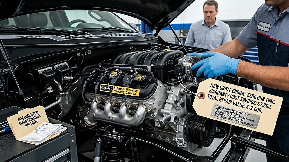 Detailed view of a 2020 Ford F-150 receiving a brand-new $12,000 crate engine replacement fully covered by an extended warranty