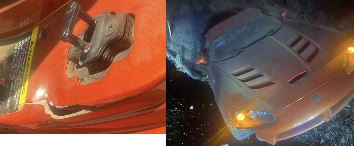 Dodge Viper damage after getting clipped by a truck and crashing