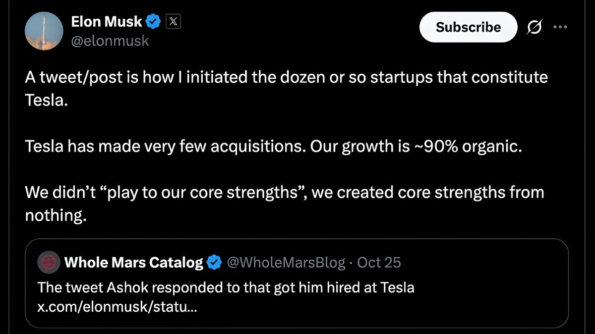 Elon Musk Says, “I Initiated The Dozen Or So Startups That constitute Tesla With An X Post. Tesla has Made Very Few Acquisitions. Our Growth is ~90% Organic”