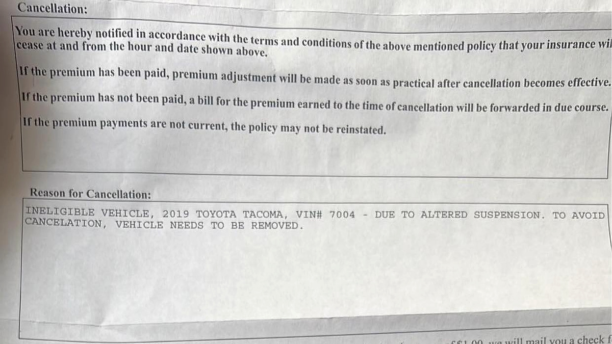 Eriberto Soto's 2019 Toyota Tacoma cancellation notice from his insurance carrier