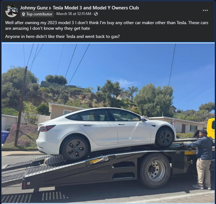 Facebook screenshot regarding tesla model 3 owner review