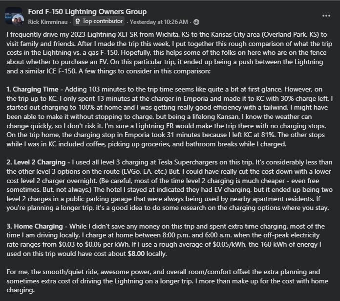 A person shares their experience driving a 2023 Ford F-150 Lightning, comparing trip costs and charging times to a gas-powered F-150.