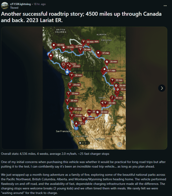 Map showing a 4,500-mile road trip through Canada in a 2023 Ford F-150 Lightning, detailing charging stops and travel times along the route.