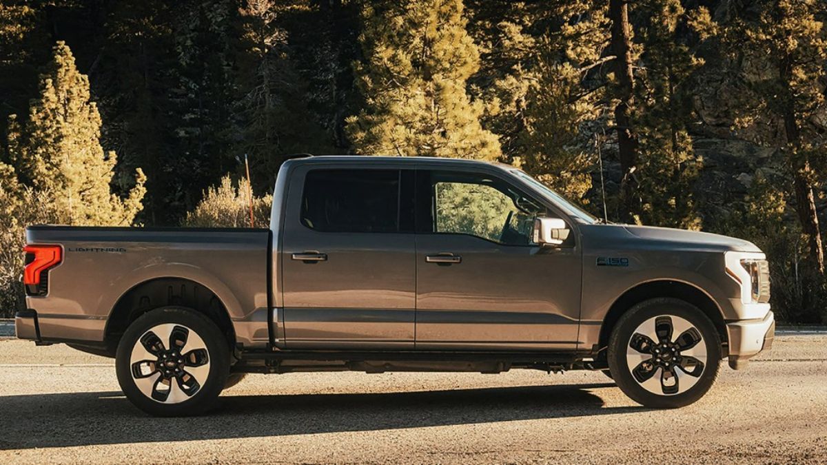 Side view of a gray Ford F-150 Lightning pickup truck with distinctive black and machined-face alloy wheels, photographed in a wooded setting during golden hour lighting.