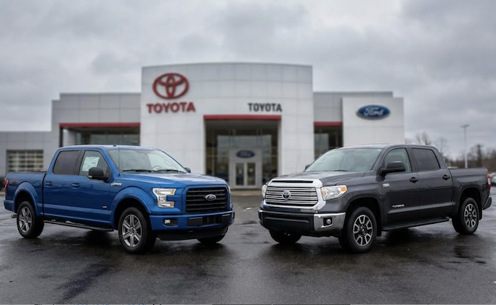 Ford F-150 and a Toyota Tundra on the dealer's lot