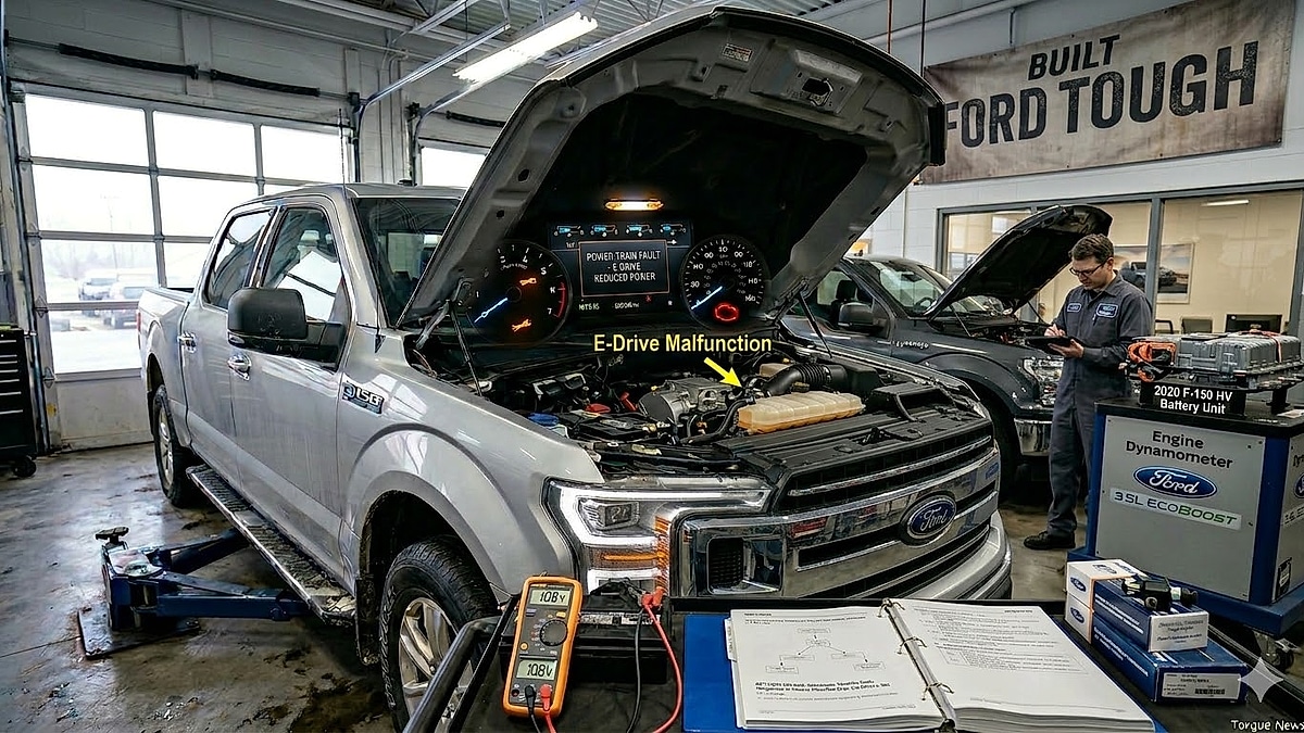 Ford F-150 diagnostic session - Technician, multimeter, and dashboard warning of 'E-Drive Malfunction' and 'Power Train Fault'
