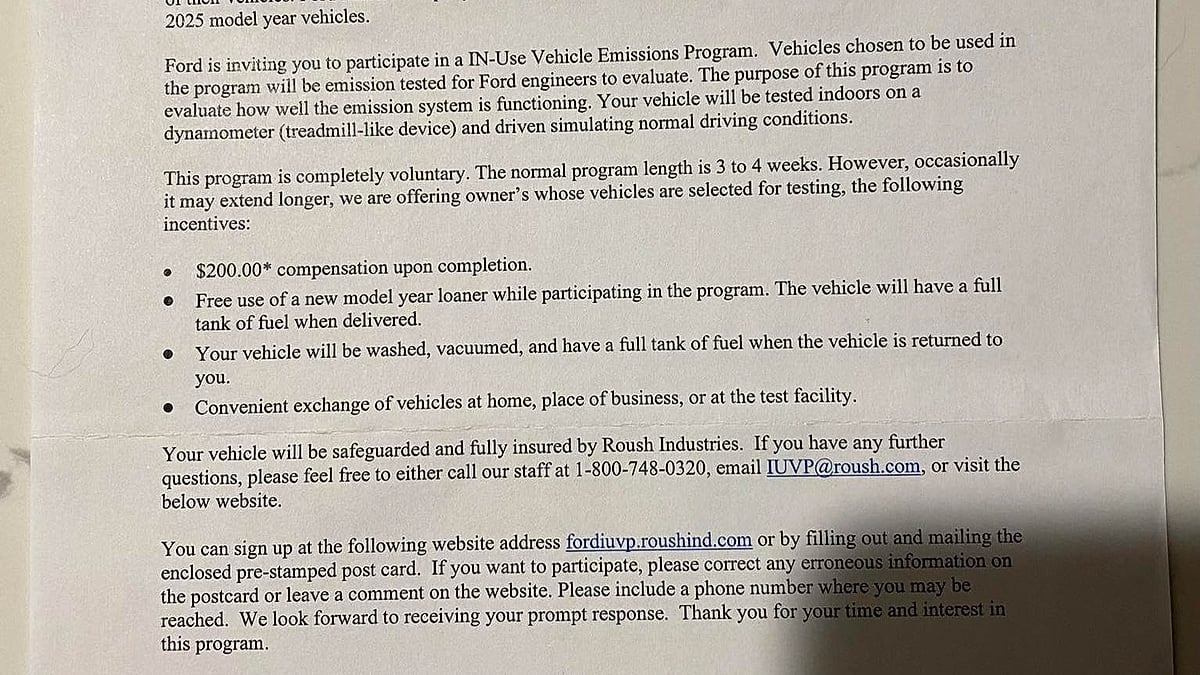 Ford F-150 owner receives a letter from Ford asking to use the truck for 3-4 weeks for emission testing