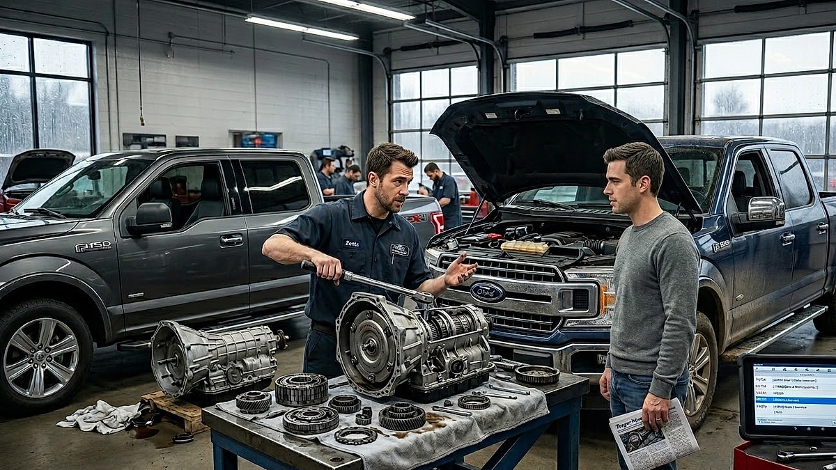 Ford F-150 trucks undergo transmission rebuild and diagnostics at a Ford dealer, ensuring vehicle reliability