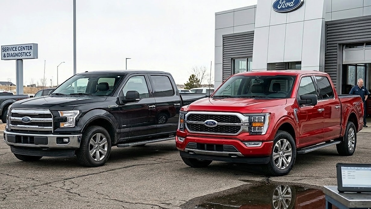 Ford F-150 trucks, black and red, are on display at a Ford dealership service center in Cedar Springs, Michigan