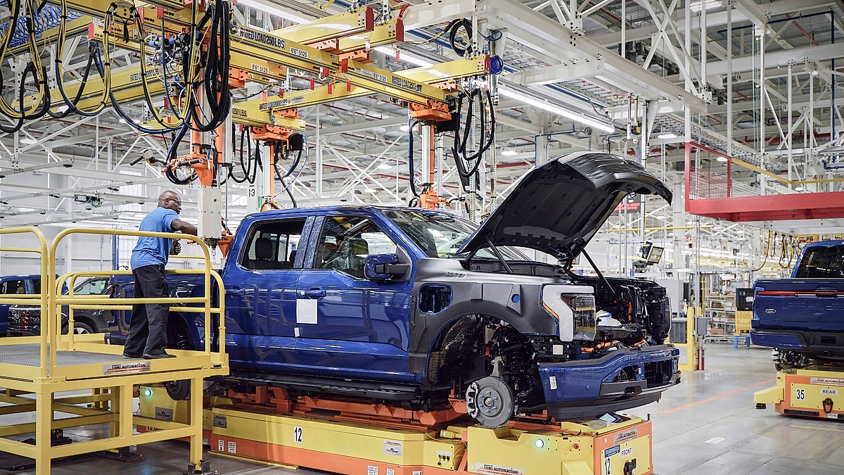 Ford F150 Lightning assembly line at electric vehicle factory