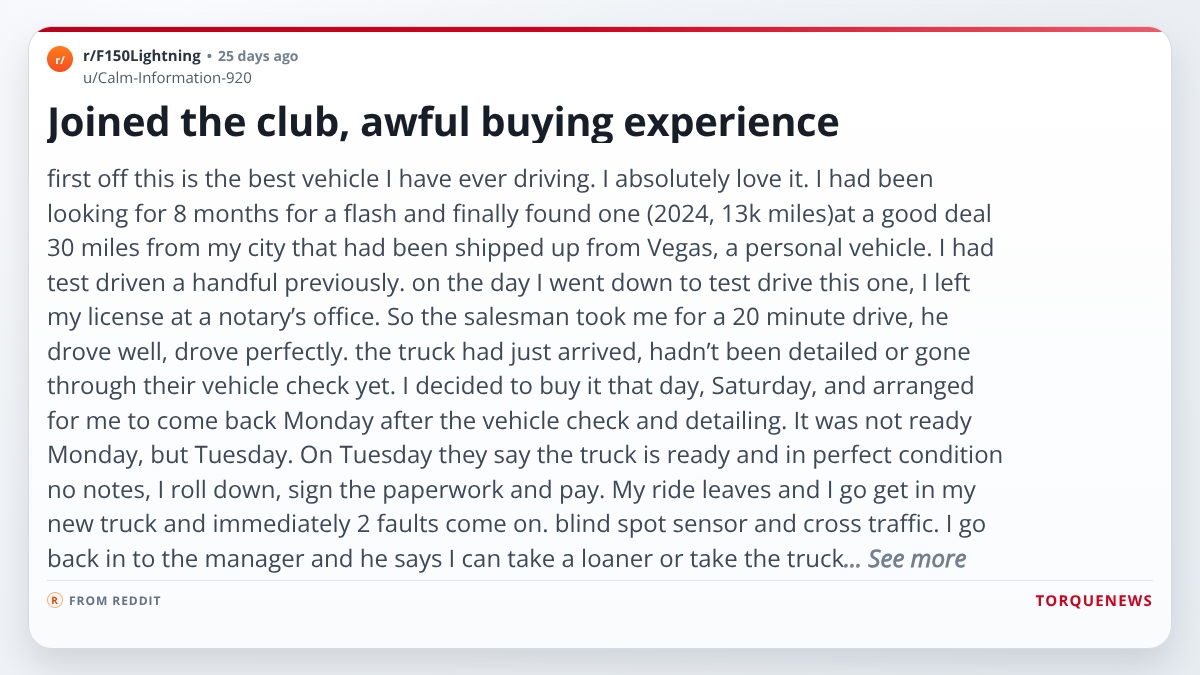 Screenshot of a Reddit post where a Ford F150 Lightning owner describes a frustrating dealership buying experience
