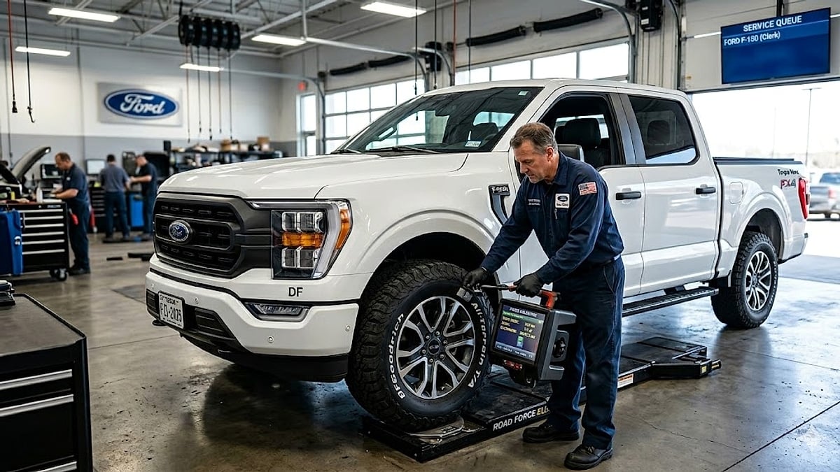 Ford tech in blue uniform uses advanced handheld diagnostic tool to perform Road Force tire balancing on a white F-150