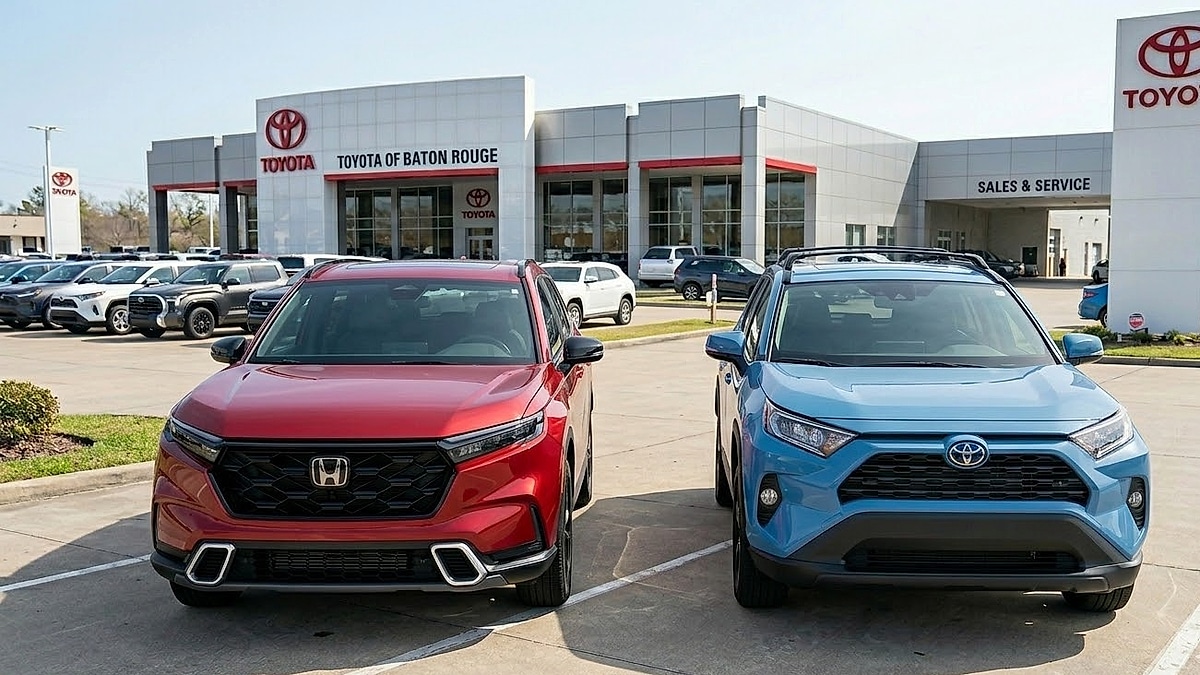 Front view of the 2026 Honda CR-V and Toyota RAV4 Hybrid side-by-side at a Baton Rouge Toyota dealership lot