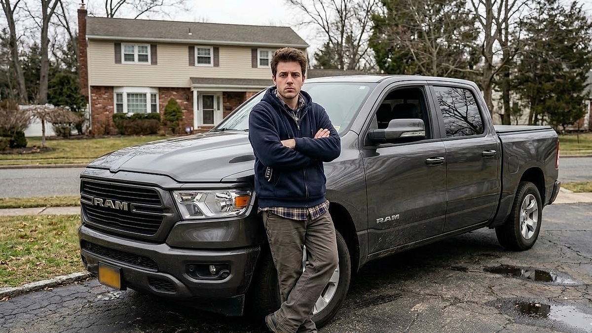 Frustrated NY owner in driveway, documenting electronic defects on new 2025 Ram 1500 truck