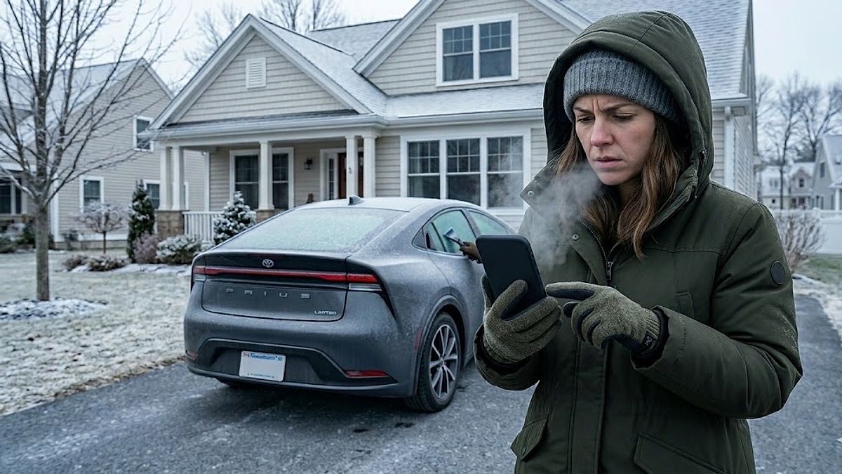 Frustrated woman in a green parka stands in a frosty suburban driveway next to a frozen Toyota Prius while checking a failed remote start app