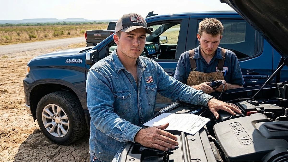 GM service personnel and technician with a repair order examine a blue Silverado's open engine, on a Texas road