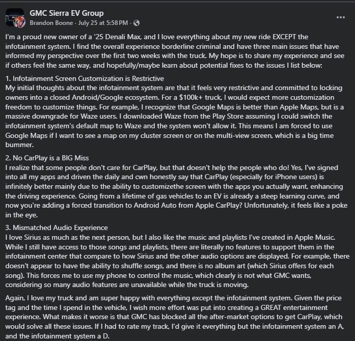 A user expresses dissatisfaction with the infotainment system in their new GMC Sierra EV, highlighting customization, CarPlay, and audio issues.
