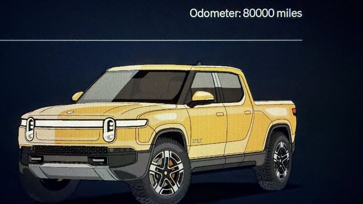 A yellow Rivian R1T pickup truck shown from a front three-quarter view, with distinctive horizontal LED light bar and black trim accents, displayed against a dark background with an 80,000 mile odometer reading.