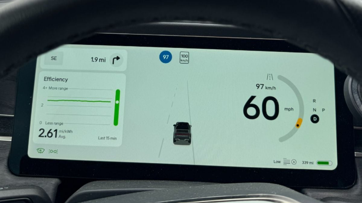 Rivian R1T dashboard display showing a speed of 60 mph, energy efficiency at 2.61 mi/kWh, and 1.9 miles to destination. Navigation and lane visuals are included.
