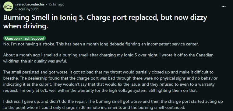 A user shares their experience on a forum, discussing a persistent burning smell and dizziness in their Ioniq 5 after a charge port replacement.
