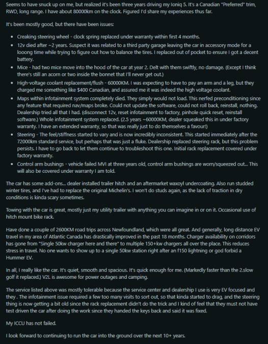 A detailed review of a three-year Hyundai Ioniq 5 ownership experience, highlighting issues like steering, infotainment, and battery maintenance.