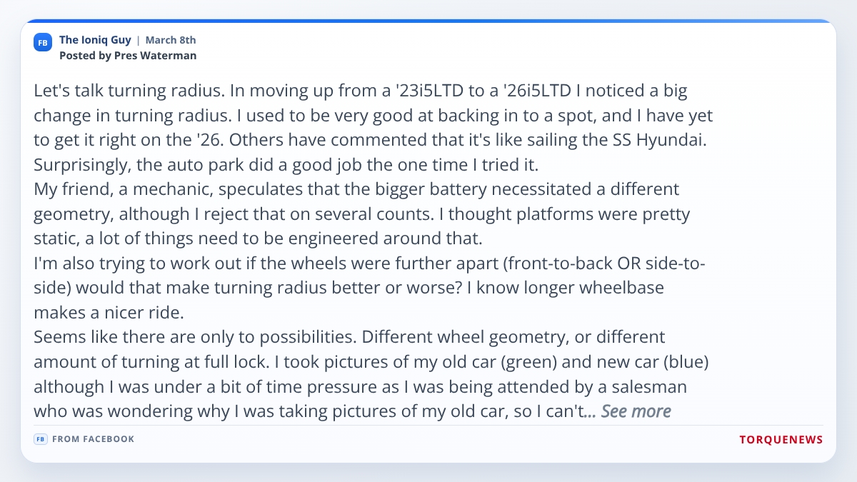 Screenshot of Facebook discussion about Hyundai Ioniq turning radius differences between model years