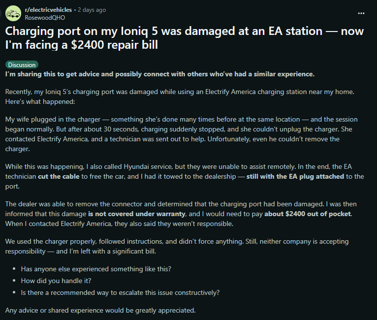 User shares experiences of damaged Ioniq 5 charging port at Electrify America station, facing $2400 repair bill and seeking advice.