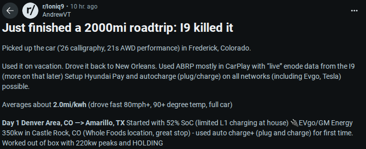 A Reddit post detailing a 2000-mile road trip with an Ioniq 9, highlighting charging and performance during the journey.