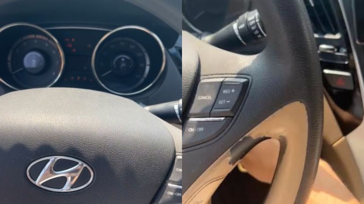 Close-up of a Hyundai Sonata dashboard and steering wheel. The dashboard displays circular dials with a black background. The steering wheel features control buttons and a silver Hyundai logo. The overall tone is practical and modern.