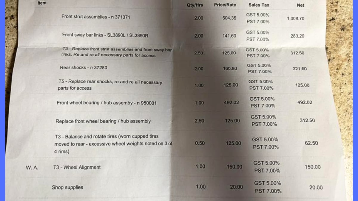 Jerry Mclellan says he paid 3458 for his Toyota Tacoma's passenger wheel bearing replacement.