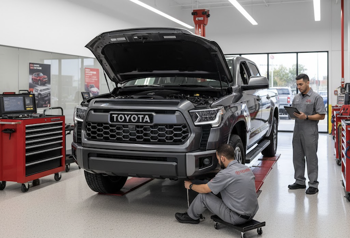 Josh Beard's 2026 Toyota Tundra in the dealer's service bay