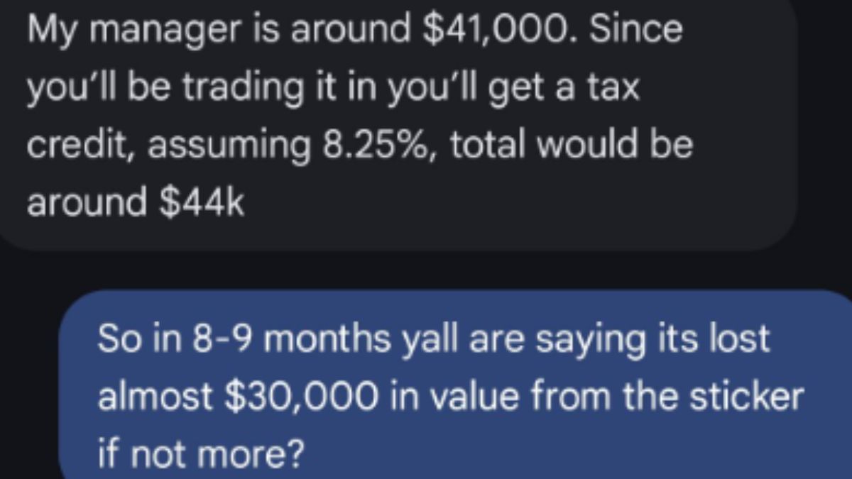 Text conversation image. A message in a dark bubble states a trade-in value of around $44,000. A reply in a blue bubble questions a $30,000 depreciation.