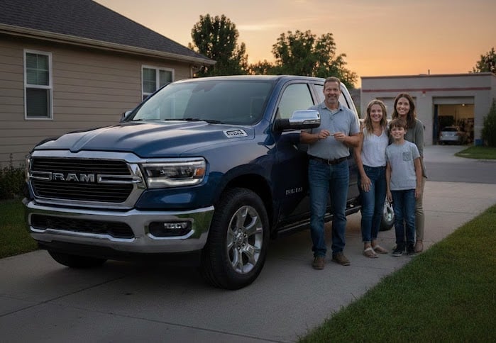 Justin Moore's 2026 Ram 1500 Bighorn with family