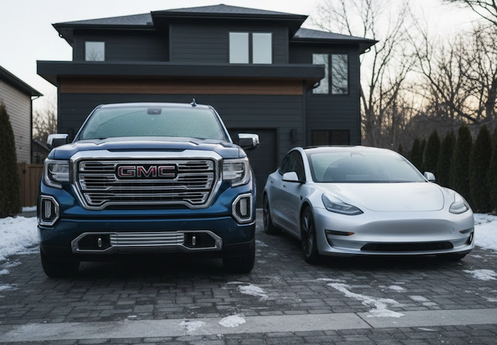 Justin's 2025 GMC Sierra and Tesla Model 3 