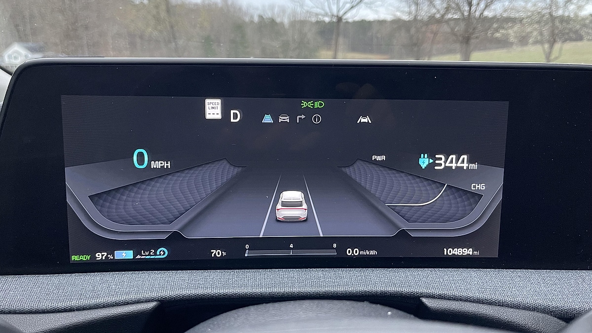 Kia EV6 digital instrument cluster showing 344 miles of range with the battery at 97 percent