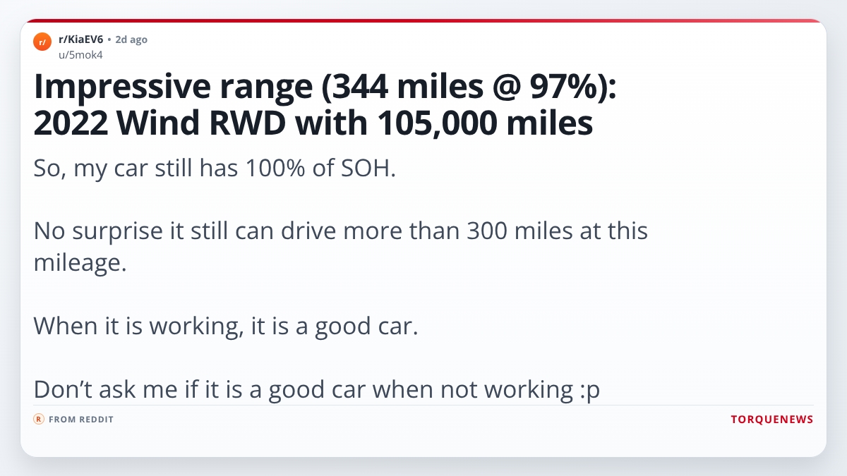 Screenshot of Reddit post where a Kia EV6 owner reports 344 miles of range at 97 percent charge after 105000 miles