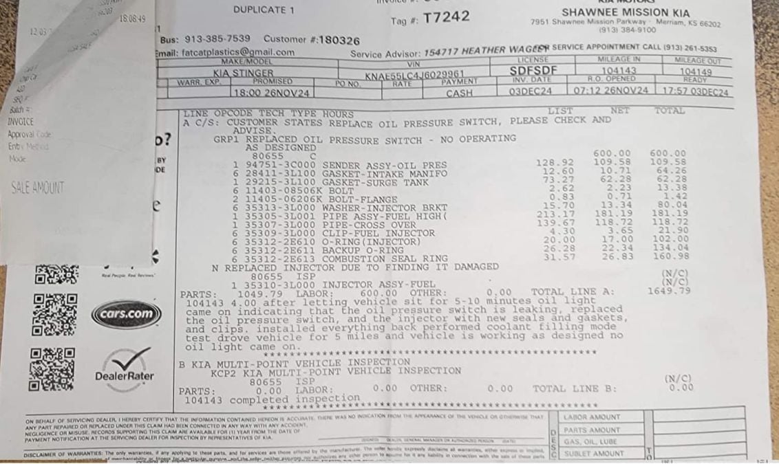 Kia Stinger oil sender unti replacement with all part numbers