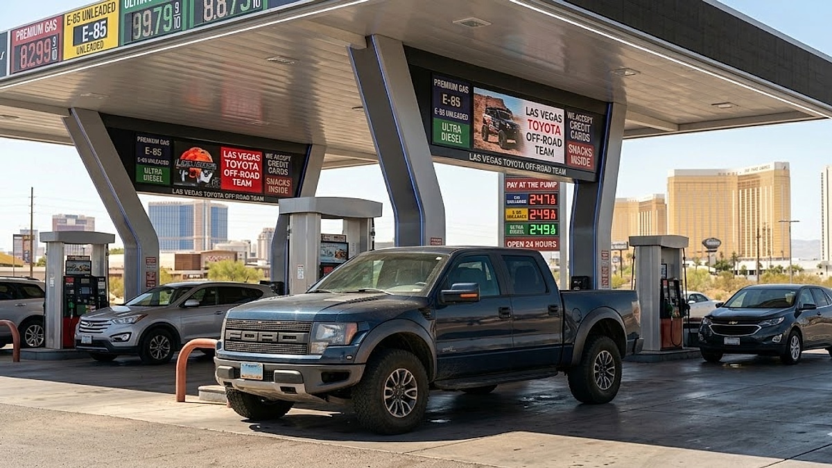 Kiefer Stahl's 2013 Ford Raptor, a Las Vegas fuel stop for a thirst V8, contrasted against future efficiency of a 2026 Tundra