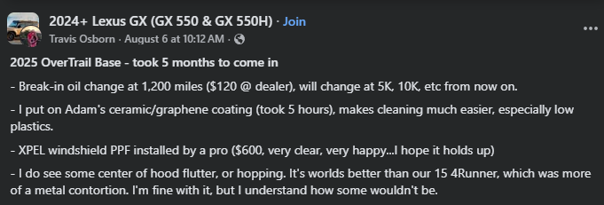 A Facebook post detailing maintenance updates and personal experiences with a 2025 Lexus GX OverTrail Base vehicle.